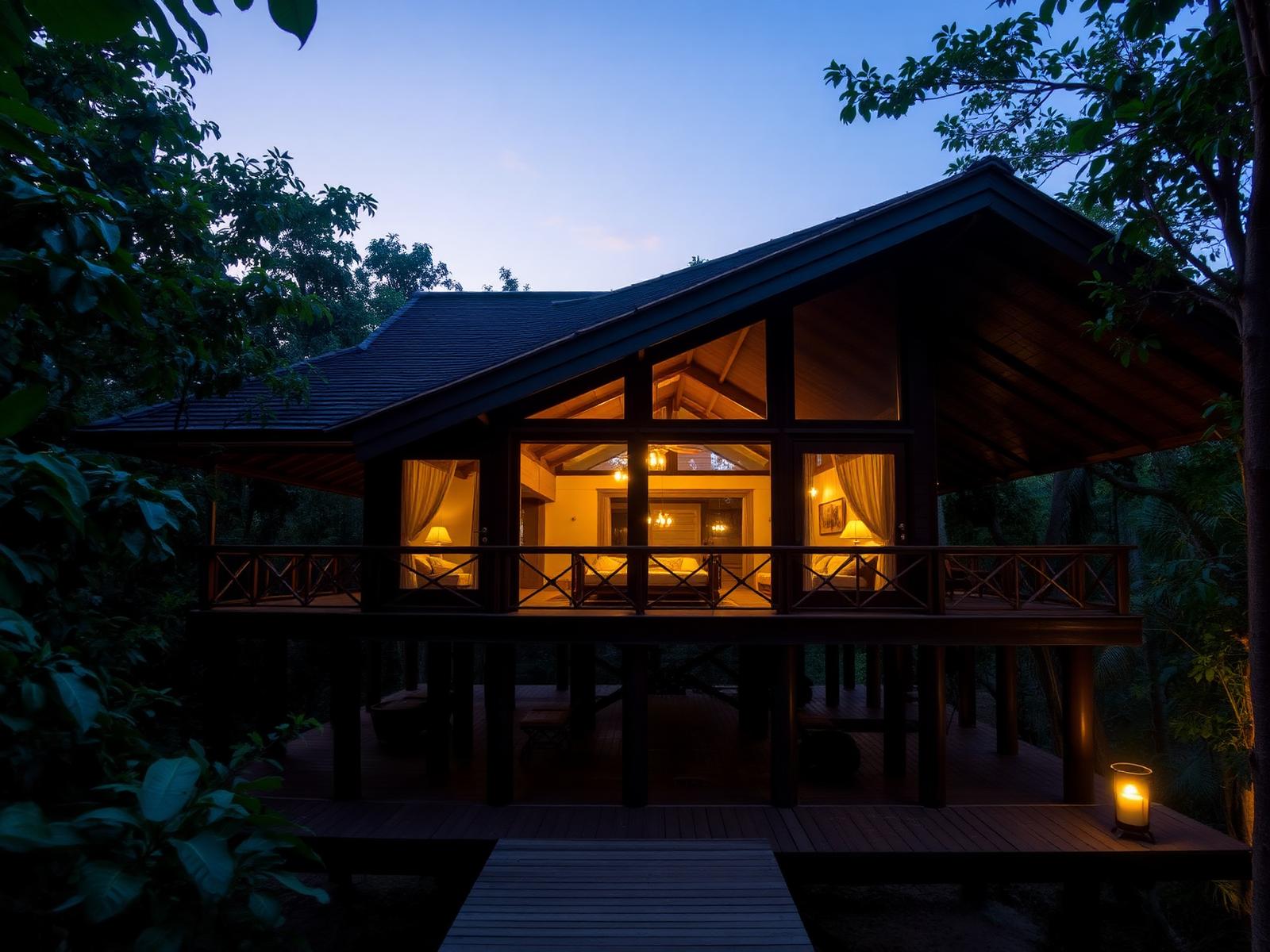 Eco-lodge bungalow at dusk in the Amazon